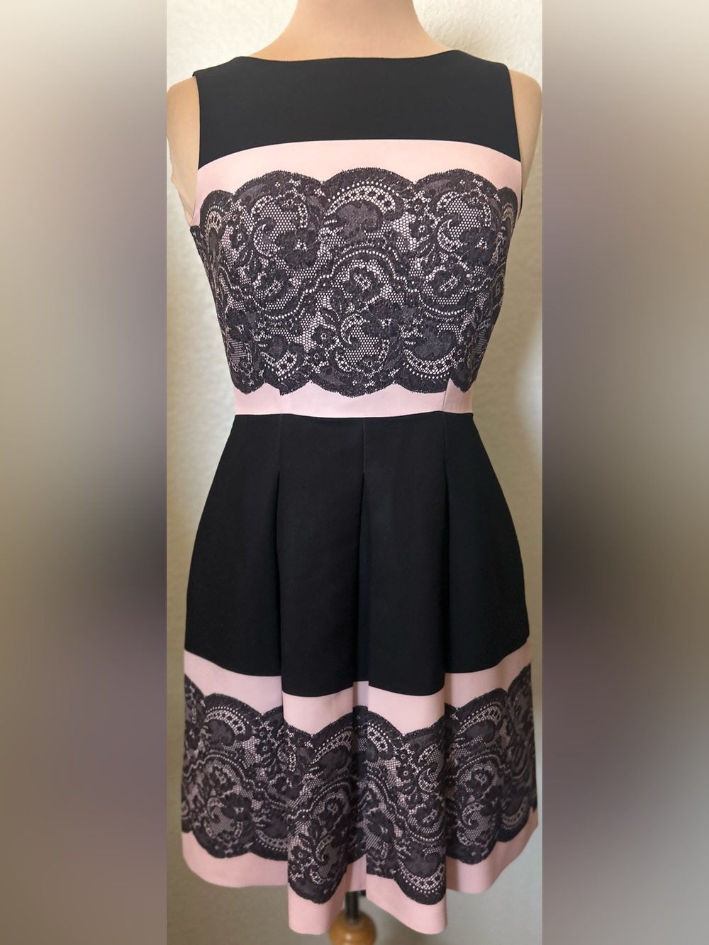 Tahari ASL Black and Blush Pink Lace-Panel Fit & Flare Midi Dress